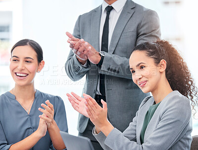 Buy stock photo Clapping, business meeting and people success, winning and cheers, yes or celebration, congratulations and thank you. Happy applause, audience, women or person celebrate, achievement and job support