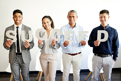 Buy stock photo Group, business people and portrait in office with success, motivation and winning letters. Professional employees, corporate team and smile for company project, workforce and positivity with pride