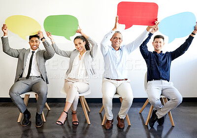 Buy stock photo Business, people and speech bubble happy on chair, corporate employee and opinion with company news. Social media , recruitment and waiting room or workplace feedback, staff and hiring opportunity