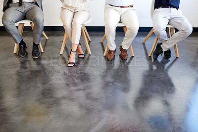 Buy stock photo Interview, legs and row of people in waiting room with mock up space on floor at recruitment agency. Men, women and shoes in lobby for onboarding, human resources or opportunity for hiring at new job