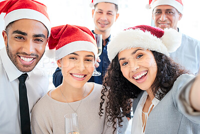 Buy stock photo Business people, portrait smile and selfie for Christmas party, celebration or festive season at the office. Group of happy employee workers smiling for photo celebrating December holiday at work