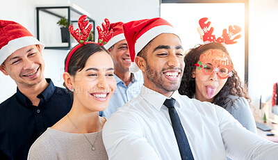 Buy stock photo Selfie, Christmas and happy business people profile picture update, social media and staff event, party or company celebrate. Office team, photography and diversity employees with holiday celebration