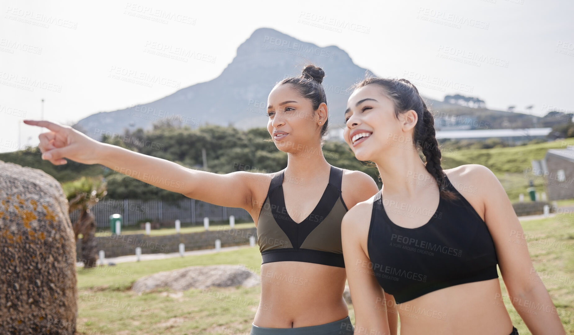 Buy stock photo Outdoor, women and friends with pointing for fitness on break with exercise, training and workout. People, Brazil and happy or smile with sportswear or running for wellness, wellbeing and self care