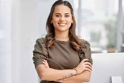 Buy stock photo Business, portrait or arms crossed by happy woman in office with confidence, empowerment and career pride. Face, smile and friendly female manager at consulting agency for help, advice and loan guide