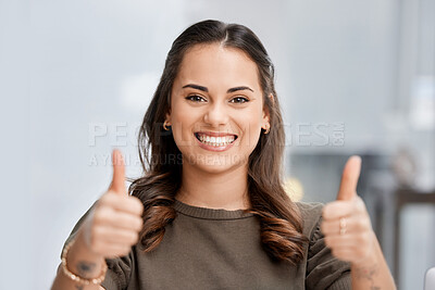 Buy stock photo Thank you, portrait of woman with thumbs up and happy at her workplace. Happiness or success, mockup space or good news and female person with emoji hand for achievement or motivation with a smile