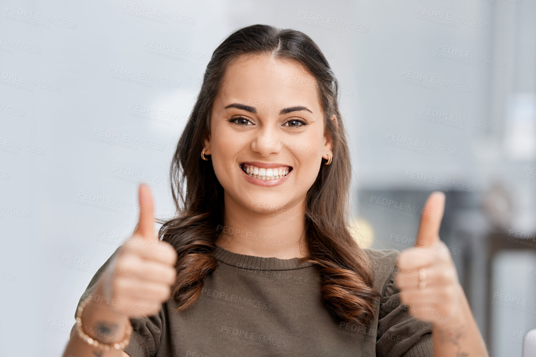 Buy stock photo Thank you, portrait of woman with thumbs up and happy at her workplace. Happiness or success, mockup space or good news and female person with emoji hand for achievement or motivation with a smile