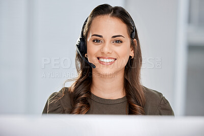 Buy stock photo Telecom, portrait or happy woman in call center tech support consulting, speaking or talking on microphone. Communication, face or friendly consultant in telemarketing customer services help desk 