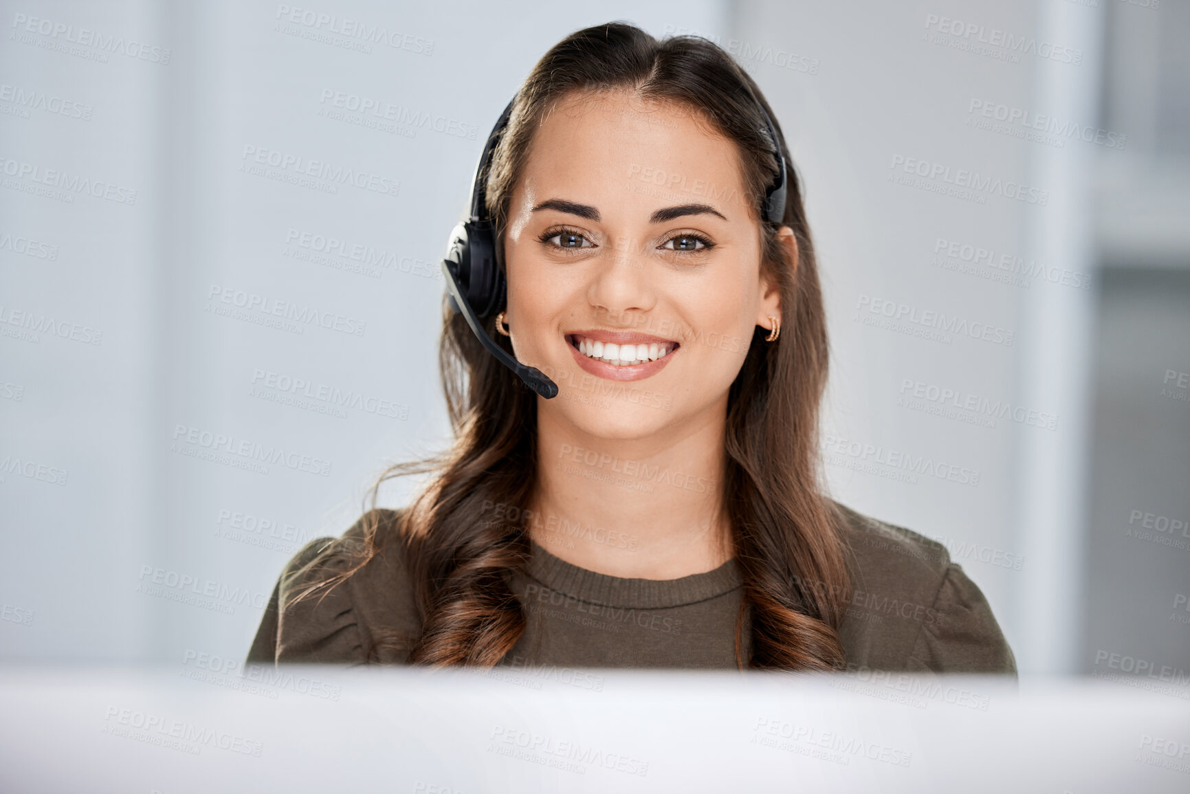 Buy stock photo Telecom, portrait or happy woman in call center tech support consulting, speaking or talking on microphone. Communication, face or friendly consultant in telemarketing customer services help desk 