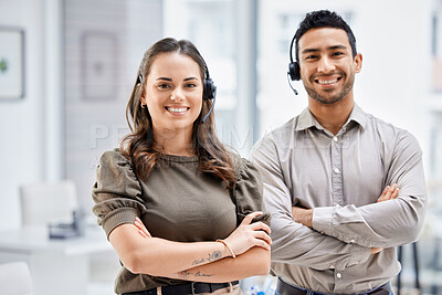 Buy stock photo Call center, portrait or happy team with arms crossed, support or smile in telemarketing together. Confident people, proud man or woman with positive mindset at telecom customer services office 