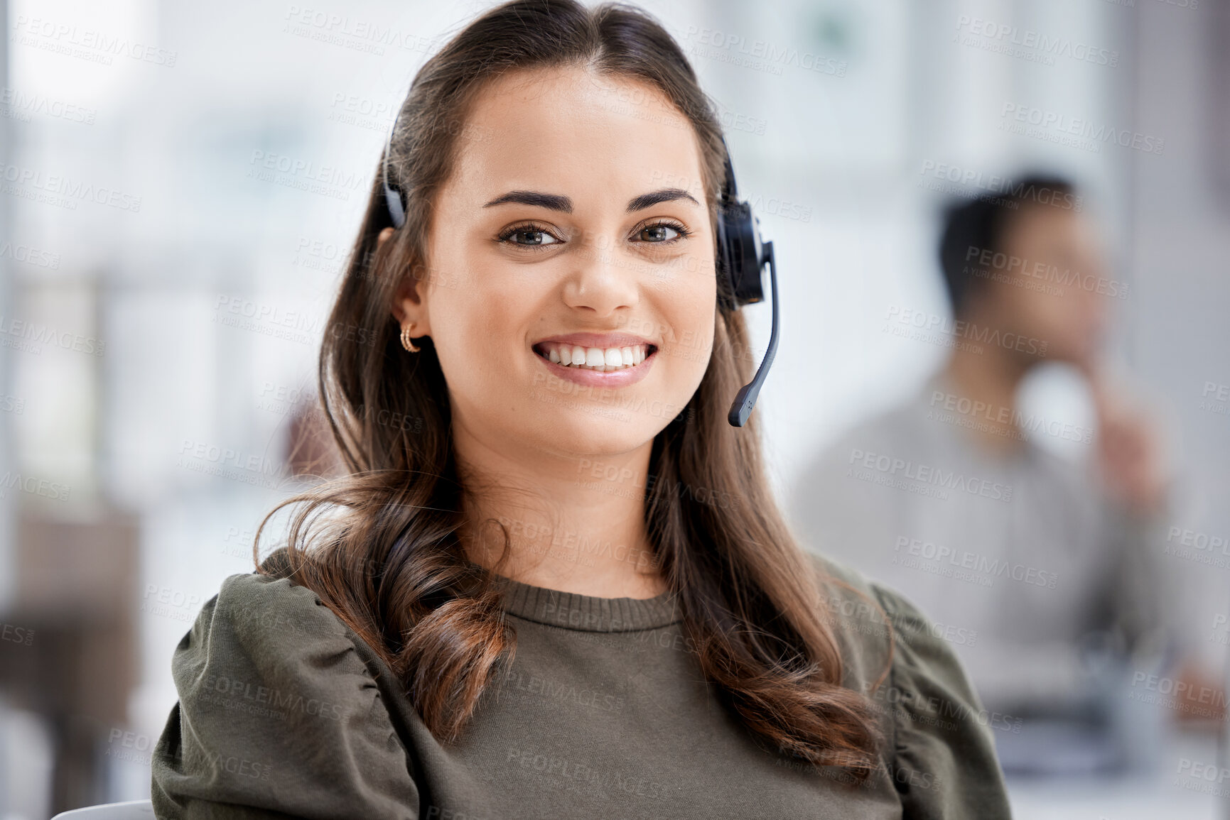 Buy stock photo Portrait, call center and business woman smile for customer service, support or contact us. Telemarketing, face and happy female sales agent, consultant or employee in office for consulting career.