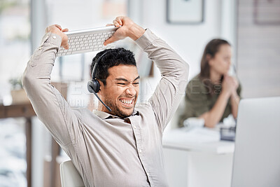 Buy stock photo Call center, smash or angry man in customer service frustrated by consulting or tired of stress. Burnout, anger or upset Asian sales agent talking or smashing a keyboard at tech support in office 