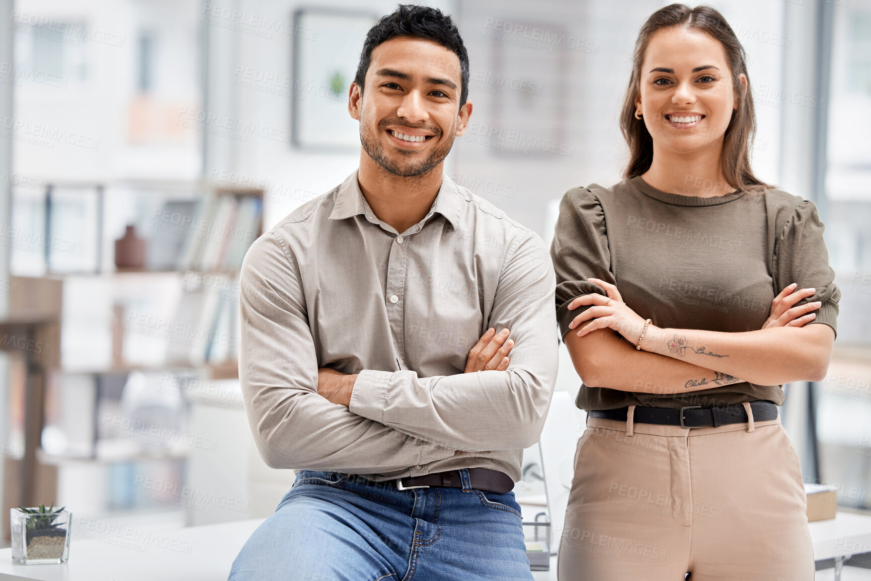 Buy stock photo Arms crossed, happy and portrait of business people in office for teamwork, entrepreneur and professional. Pride, smile and partnership with man and woman for support, collaboration and happiness