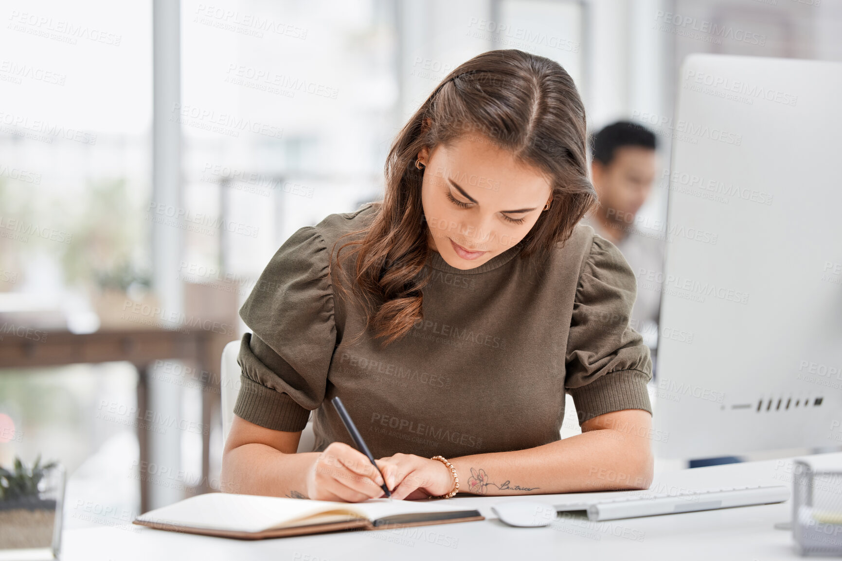 Buy stock photo Business, woman and writing in notebook at office for schedule, planning and agenda for goals of creative work. Female person, employee and notes with ideas for reminder of growth for project