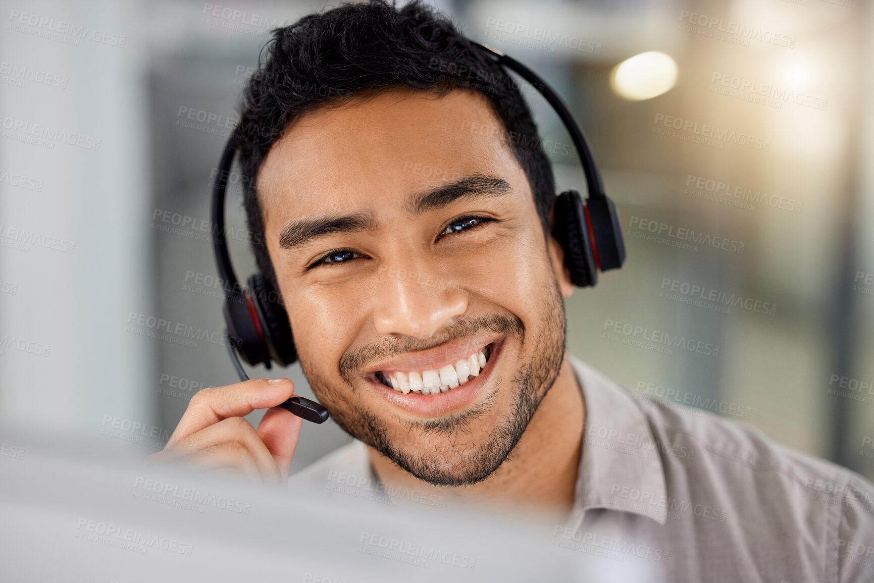Buy stock photo Young man, call center portrait and smile for telemarketing with headphones, microphone and sales. Indian guy, customer service agent and tech support for contact us, happy and listening in office