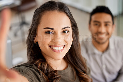 Buy stock photo Smile, selfie and portrait of businesswoman in the office with her colleague for partnership. Success, friendship and happy corporate team taking a picture working together on a project in workplace.