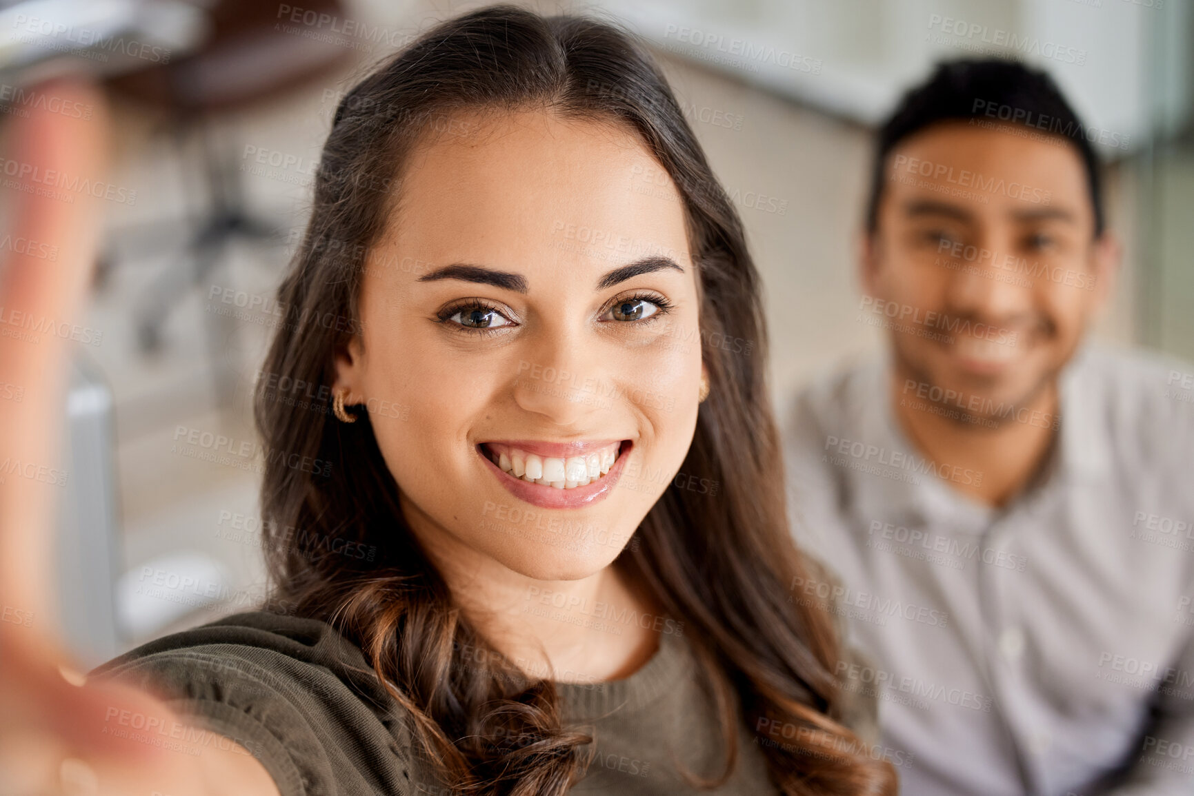 Buy stock photo Smile, selfie and portrait of businesswoman in the office with her colleague for partnership. Success, friendship and happy corporate team taking a picture working together on a project in workplace.