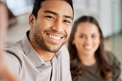 Buy stock photo Happy, selfie and portrait of business people in the office for team building or partnership. Success, friends and corporate employees taking a picture together while working on project in workplace.