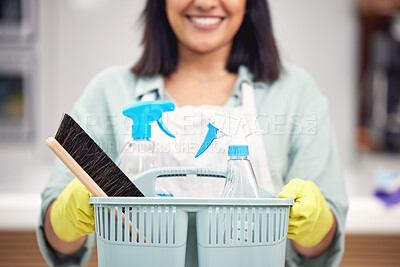 Buy stock photo Housekeeper, cleaning and bucket with brush, spray and gloves in house for furniture, counter and dirt. Woman, happy and cleaner with detergent in bottle for dust, housework and working in home