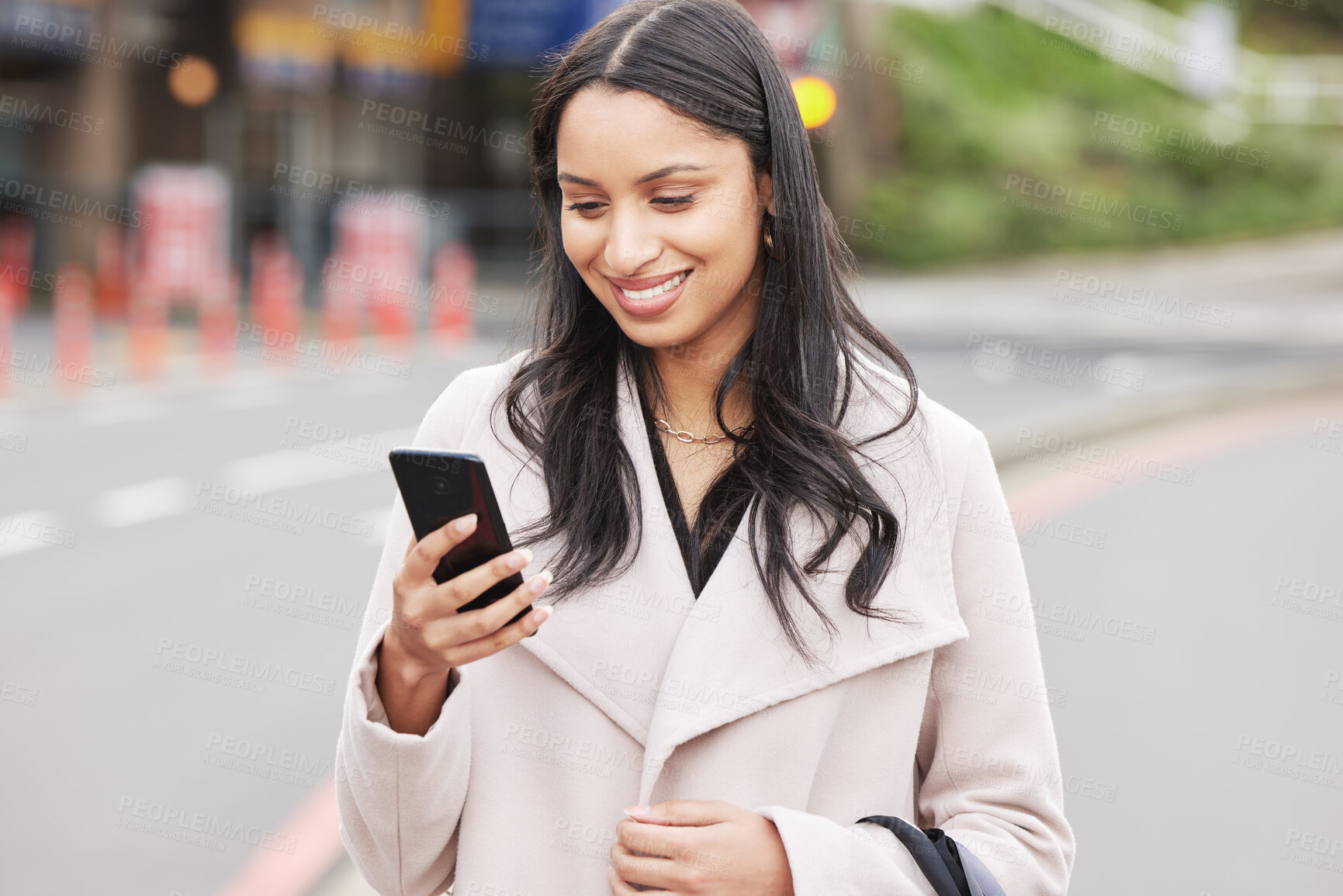 Buy stock photo Woman, reading and walking in city with phone notification of news, info and scroll social media. Girl, commute and travel on street with smartphone chat to virtual contact and online communication