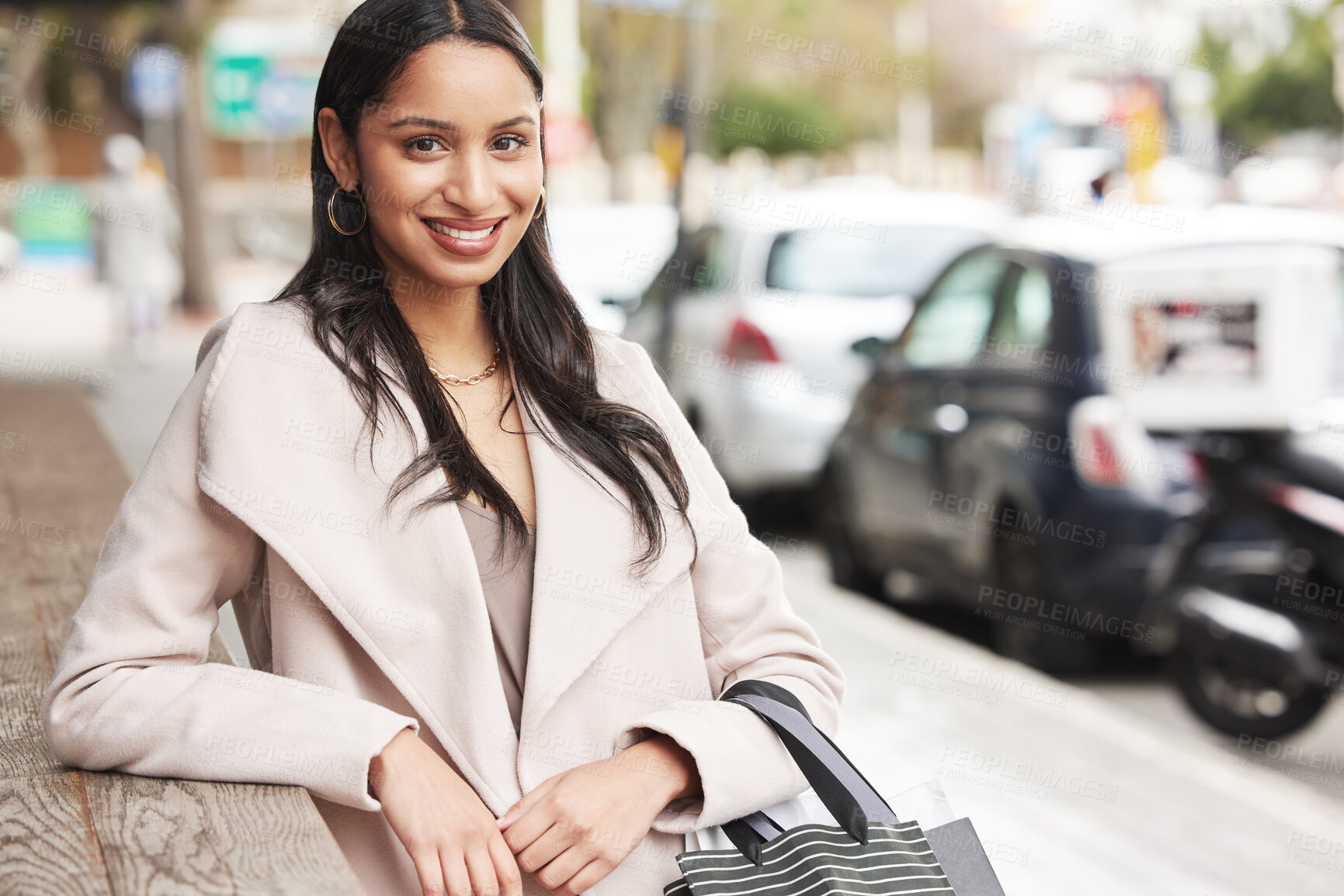 Buy stock photo Customer, portrait and smile with shopping, travel and fashion in New York city street. Woman, holiday and purchase for discount sale, promotion and happiness for summer urban trip and retail product