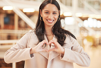 Buy stock photo Woman, hands and heart with emoji, smile and love for retail boutique with portrait. Customer, mall and shopping for valentine gift, sale and discount for fashion present and service with sign