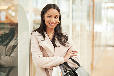 Buy stock photo Customer, portrait and woman with smile, boutique and break from shopping with bags, store and mall. Happiness, sale and discount in retail, purchase and fashion for person, product and consumer