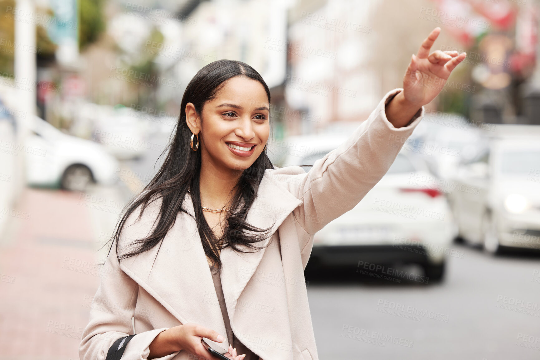 Buy stock photo Happy woman, lift and taxi with hand sign at city for travel, tourist or commute on sidewalk. Female person or customer with smile or hailing cab for transportation, shopping or tour in an urban town