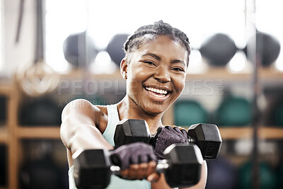 Buy stock photo Portrait, dumbbell and black woman with fitness, training and exercise goals with wellness, cardio and strength. African person, athlete and girl with gym equipment, strong and healthy with workout