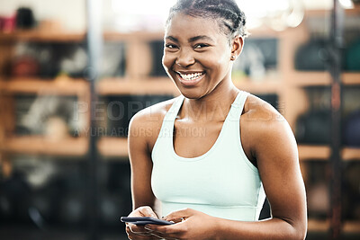Buy stock photo Fitness, phone and portrait with sports black woman in gym for communication, training or workout. App, contact and exercise with happy athlete in health club for networking or physical improvement