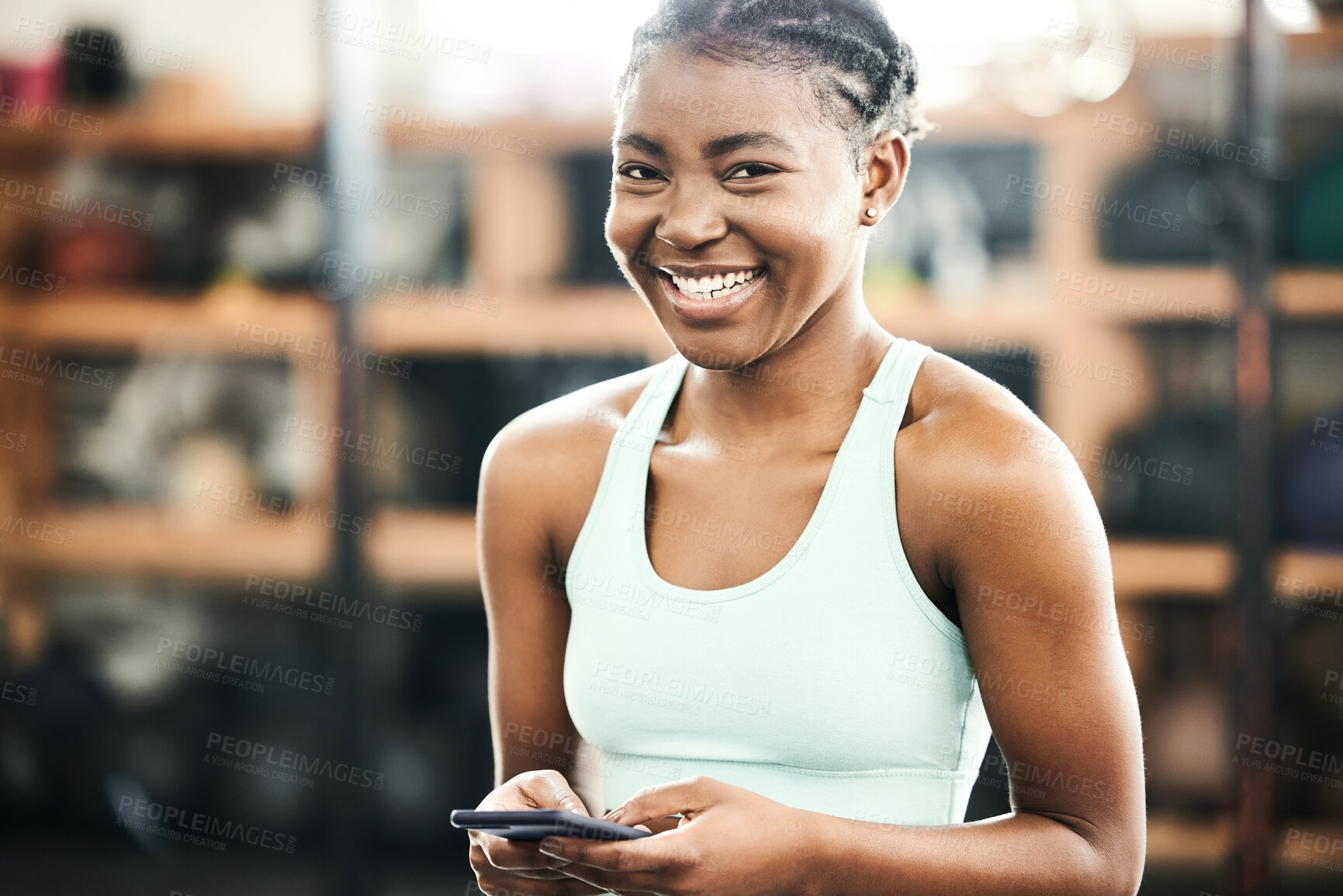 Buy stock photo Fitness, phone and portrait with sports black woman in gym for communication, training or workout. App, contact and exercise with happy athlete in health club for networking or physical improvement