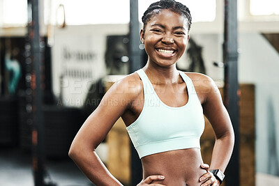 Buy stock photo Fitness, portrait and confident sports black woman in gym for training, wellness or workout. Body, exercise and excitement with happy athlete in health club for physical improvement or progress