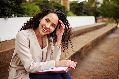 Buy stock photo Smile, textbook and portrait of woman on stairs studying for test, assignment or exam on campus. Happy, academy and female student with positive, pride and confident attitude by steps at college.