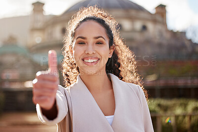 Buy stock photo Woman, portrait and thumb up at university in the outdoor with achievement for studying for phd with smile. Female student, agreement and happy with learning in college for scholarship with success.