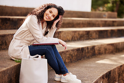 Buy stock photo Female student, stairs and portrait with notebook with happiness at university for studying in the outdoor. College, stairs and woman with book for an education in summer for achievement at school.