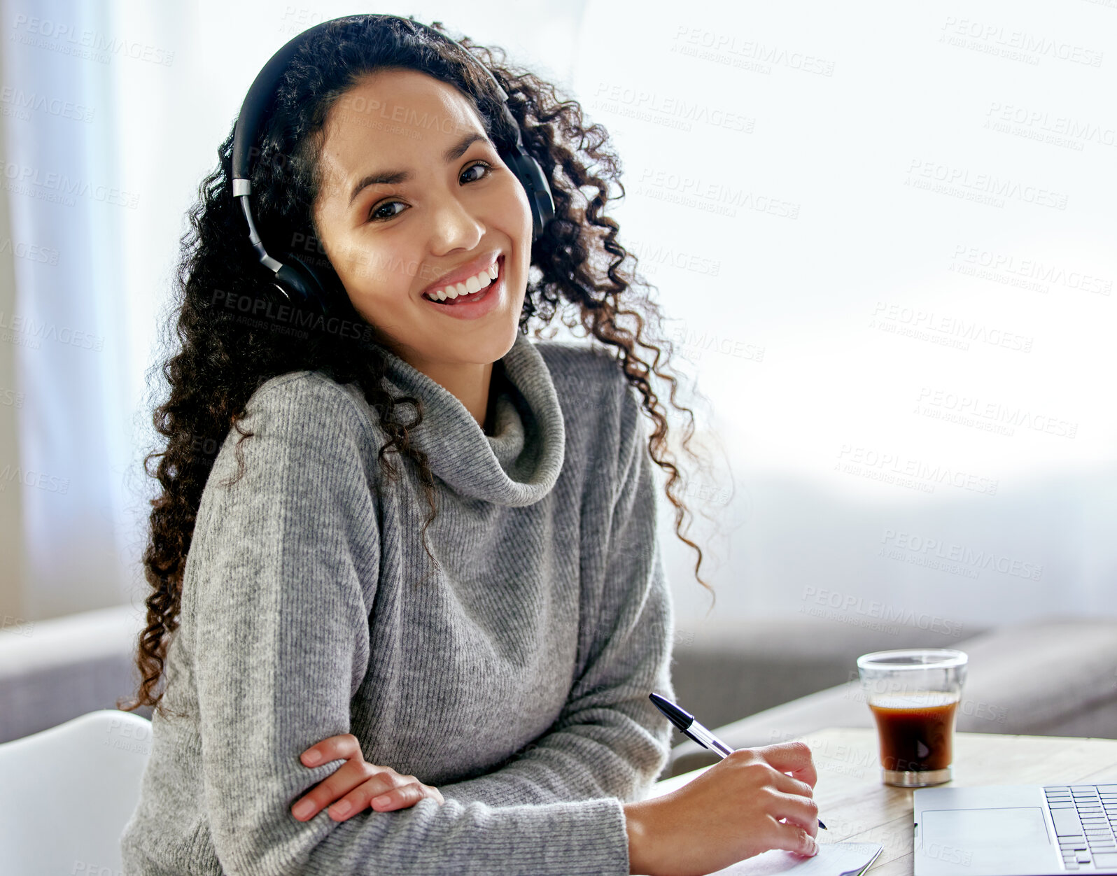 Buy stock photo Woman, student and headphones in portrait with notes, home and laptop for streaming with education. Girl, happy and listening to music with inspiration for studying, development or elearning in house