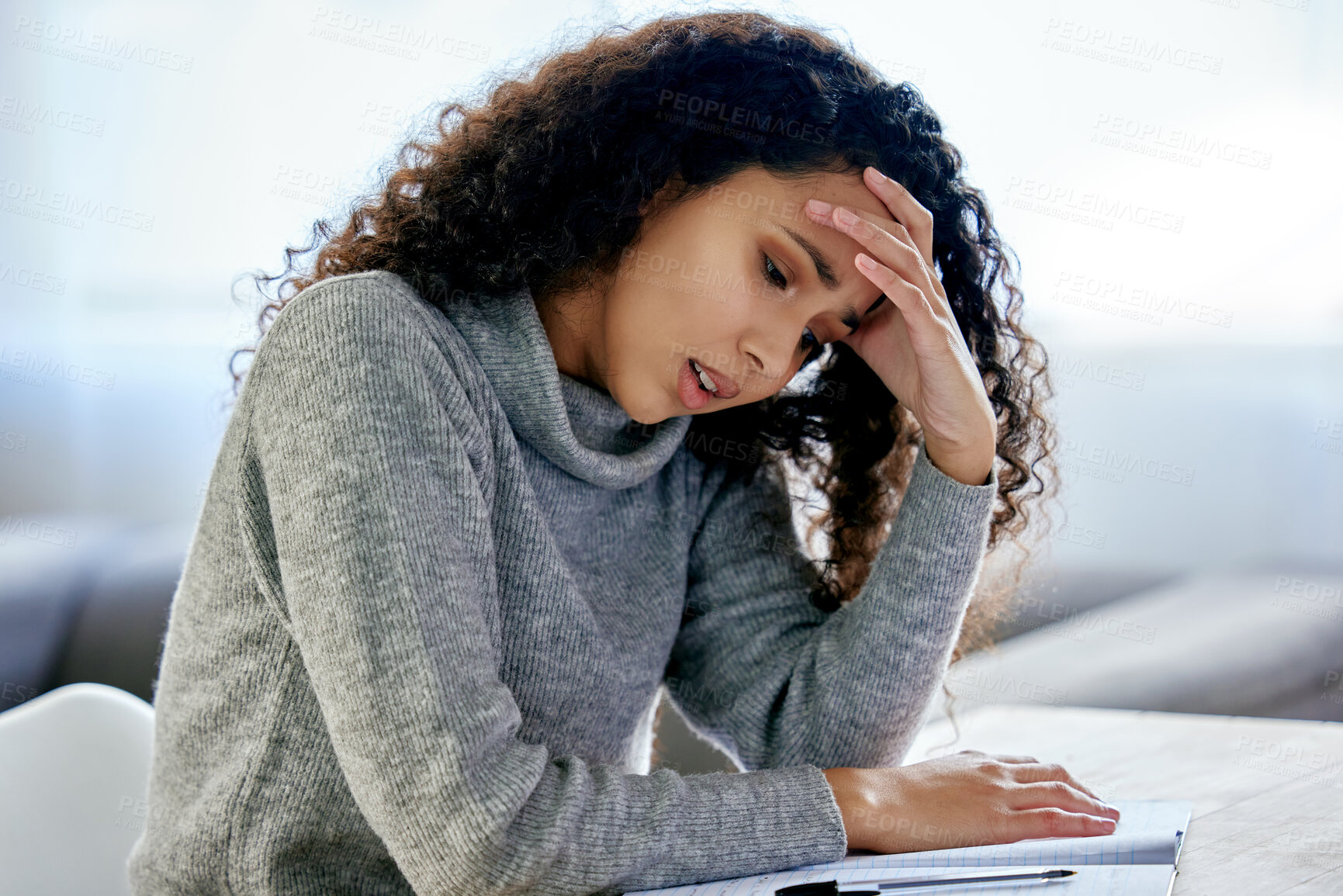 Buy stock photo Girl, student and stress with headache in home for assessment, learning and brain fog for test. Woman, person and tired with books, study and education in living room with burnout for college project