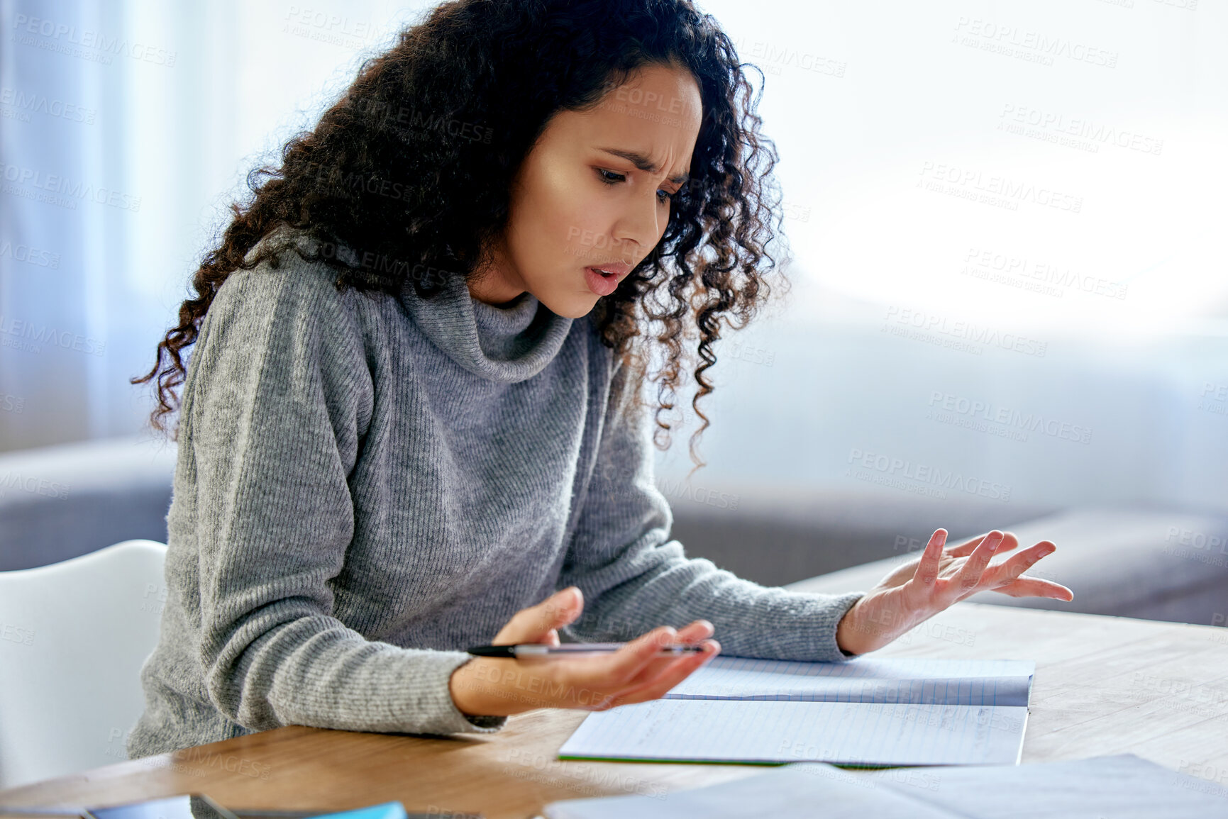 Buy stock photo Woman, student and stress with books in home for assessment, learning and frustrated for test. Girl, person and tired with notebook, study and education with confused thinking for university project