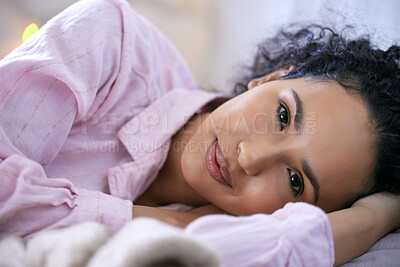 Buy stock photo Woman, happy or morning portrait in bedroom with pyjamas for wake up rest and relax sleep. Excited, female person and head on pillow with smile for peace, comfort and lazy weekend feeling fresh