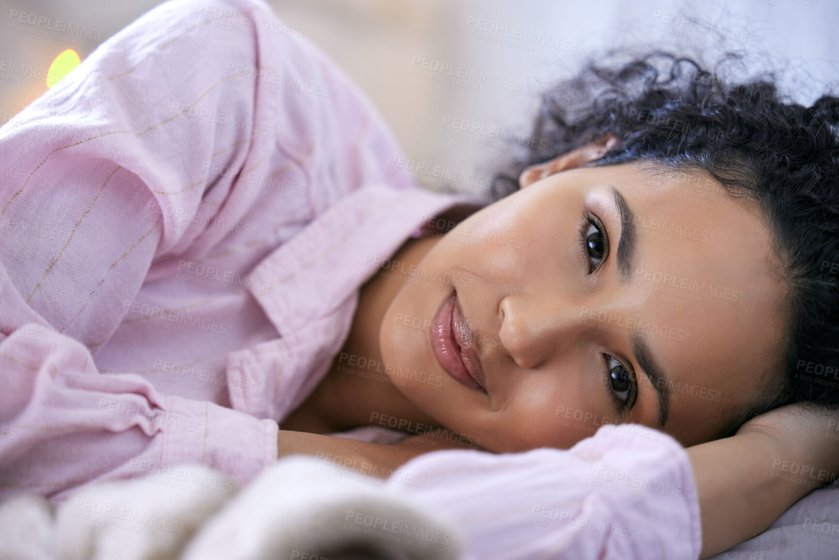 Buy stock photo Woman, happy or morning portrait in bedroom with pyjamas for wake up rest and relax sleep. Excited, female person and head on pillow with smile for peace, comfort and lazy weekend feeling fresh