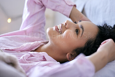 Buy stock photo Woman, happy or dreaming in bedroom with stretch for wake up rest and relax sleep. Excited, female person and head on pillow with smile for peace, comfort and lazy weekend feeling fresh or cosy