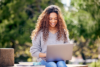 Buy stock photo Student, laptop and woman with books at park outdoor for education, research or studying. Happy African female on university or college campus in nature with tech for knowledge, internet or learning