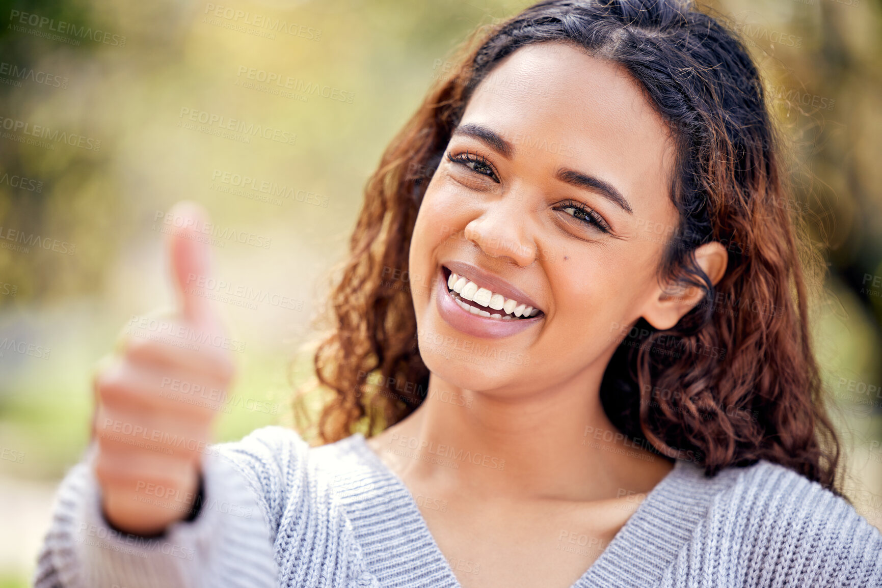 Buy stock photo Portrait, woman and happy with smile, thumbs up and opportunity at university, campus or college as student. Female person, candidate and vote for leadership in school as representative in election