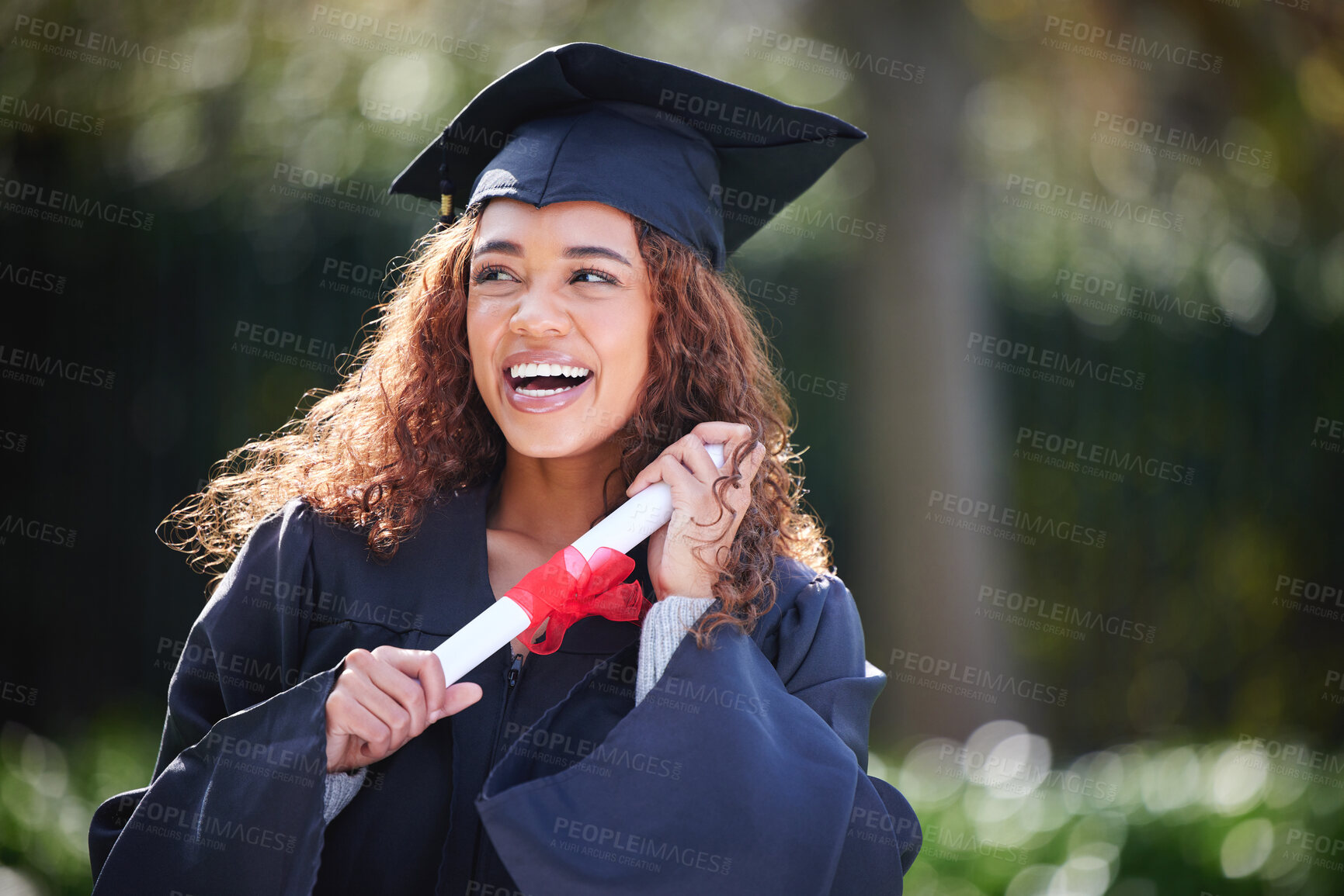 Buy stock photo Graduation, diploma and happy with woman at college with certificate for learning, scholarship and future. Study, goal and university with female student on campus for success, education and event