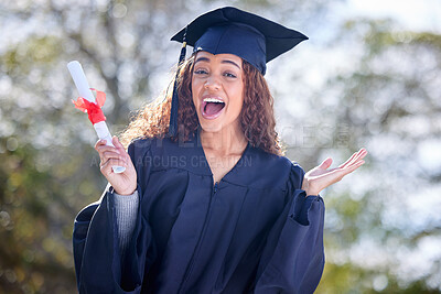 Buy stock photo Graduation, woman and portrait with pride at college for success, growth and achievement in Brazil. Female student, happy and certificate outdoors for excited, goals and education in university