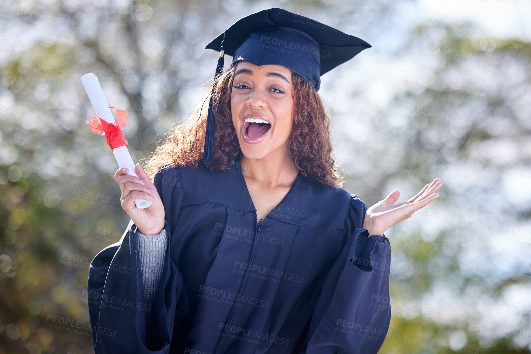 Buy stock photo Graduation, woman and portrait with pride at college for success, growth and achievement in Brazil. Female student, happy and certificate outdoors for excited, goals and education in university