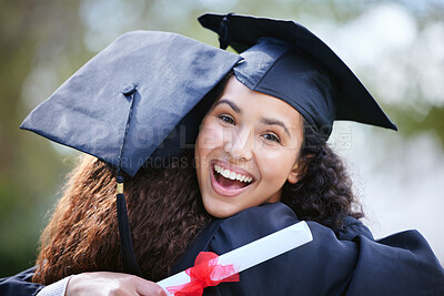 Buy stock photo Happy, portrait of friends hugging and on graduation day at college campus outside. Celebration or success, achievement or education and excited students hug together at university outdoors.