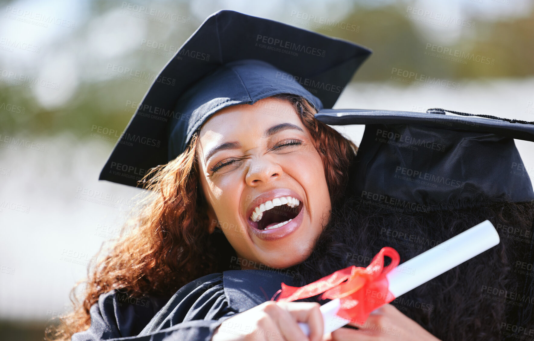 Buy stock photo University, hug and women at graduation in park, outdoor campus event with diploma and success. Certificate, friends and happy students with college achievement, education or opportunity with support