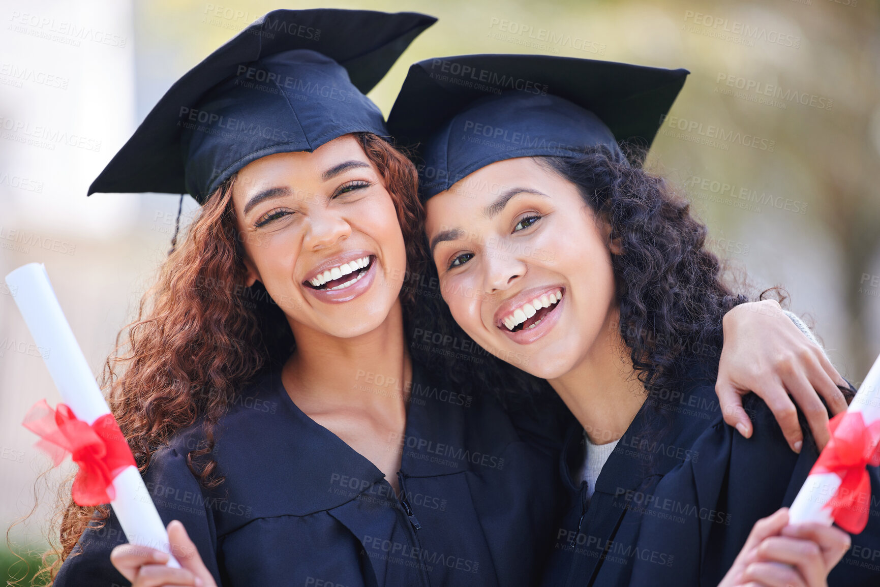 Buy stock photo Graduation, hug and portrait of friends at college with diploma certificate for learning, scholarship and achievement. Study, education and university with students on campus for success and event