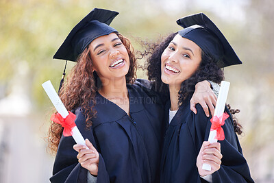 Buy stock photo Graduation, certificate and portrait of friends at college with university diploma for learning, scholarship or achievement. Study, hug and education with women on campus for success, future or event