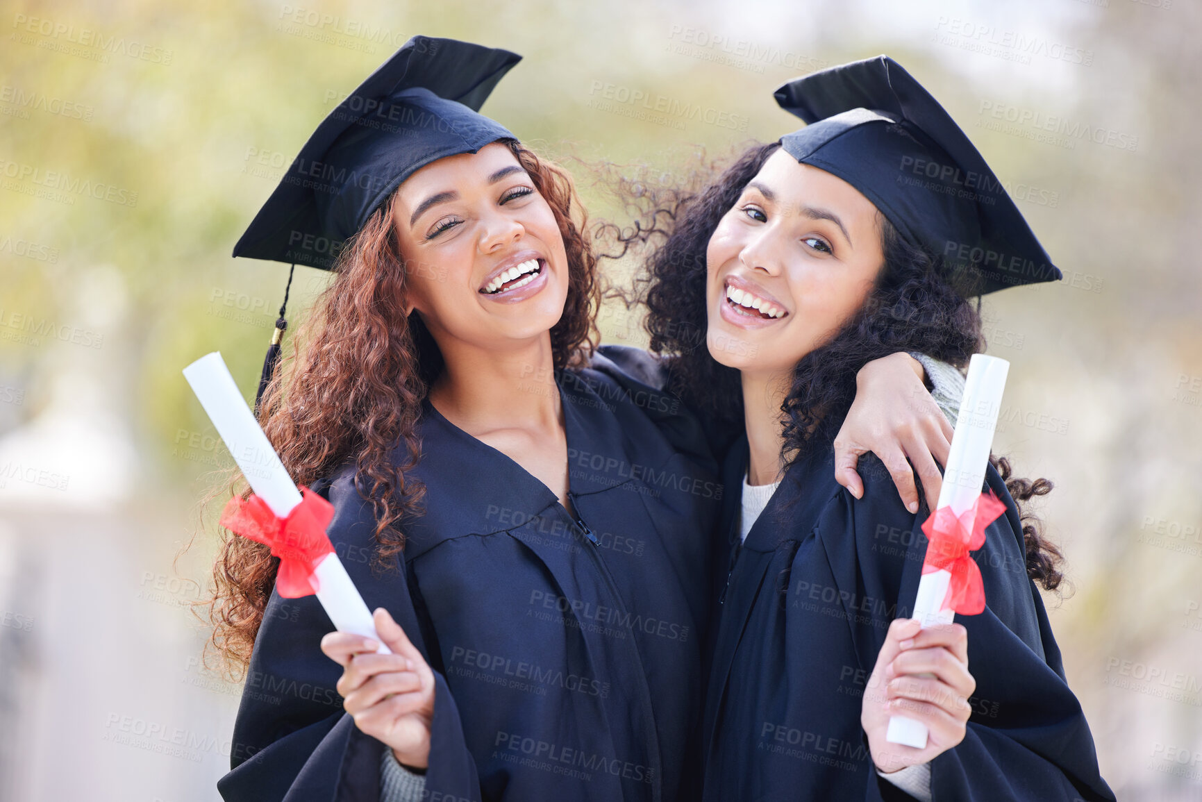 Buy stock photo Graduation, certificate and portrait of friends at college with university diploma for learning, scholarship or achievement. Study, hug and education with women on campus for success, future or event